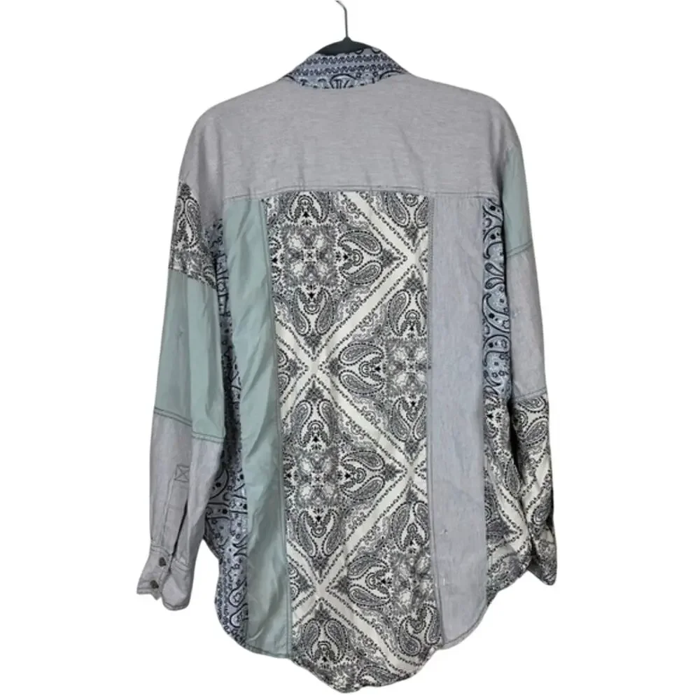 Free People Blue Distressed Patchwork Shirt